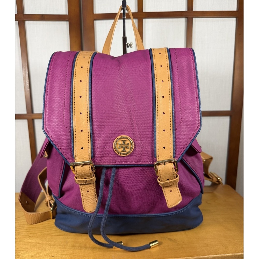 Tory Burch Jaden Canvas Backpack Purple Colorblock Leather RETIRED‎ Leather